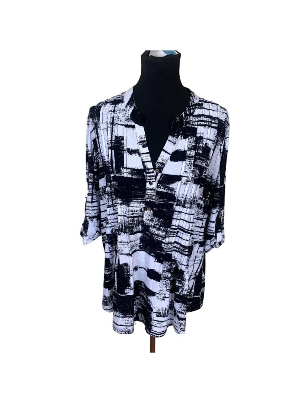 Womens Geometric Tunic Top 3/4 Sleeves Lightweight Large Black White V Neck